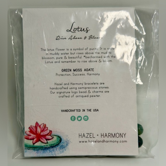 Moss Agate & Pewter Lotus Charm Stretch Bracelet NIP - Hazel and Harmony - Picture 12 of 13